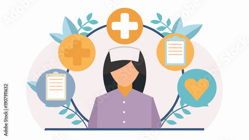 Stylized flat vector illustration of a smiling nurse surrounded by medical icons and leaves on a clean background