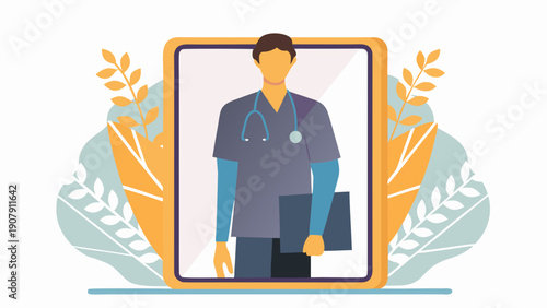 Male healthcare professional on virtual consultation via tablet with stethoscope and clipboard