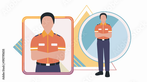 Stylized flat vector portraits of emergency responders in orange uniforms with reflective stripes