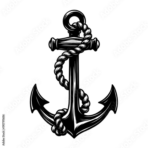 Vintage Anchor in monochrome : A detailed monochrome illustration of a classic anchor, with intricate rope, evoking a sense of maritime heritage, stability, and enduring strength. 