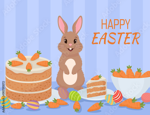 Happy easter card cute rabbit carrot cake colorful eggs carrot vegetable in bowl seasonal design