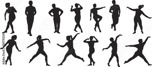 Dance silhouette vector set, expressive human poses, artistic body movement illustration, performance gesture graphics, creative anatomy artwork, dynamic posture collection