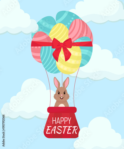 Happy easter greeting card cute rabbit in air ballon colorful eggs white clouds blue sky