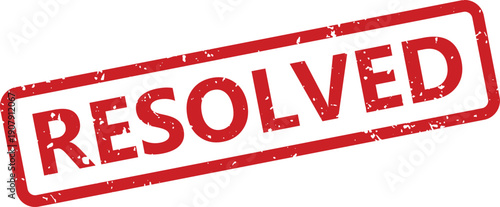 Distinctive red grunge effect rubber stamp confirming an issue or problem has been completely resolved