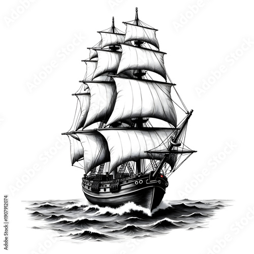 Sailing Vessel in Sea: A majestic sailing vessel gracefully navigates the open sea, its sails billowing in the wind, a testament to maritime history and the romance of the oceans.