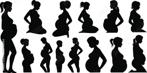 Pregnant woman silhouette vector set, maternity poses illustration, motherhood artwork design, diverse pregnancy graphics, maternal posture collection, family expecting mother vector