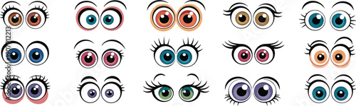 Cartoon eyes vector set, colorful iris designs, expressive character emotions, eyelash styles illustration, animation graphics pack, creative cartoon eye collection