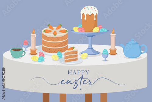 Happy easter traditional food on table wseet bread on stand plate carrot cake colorful eggs candles
