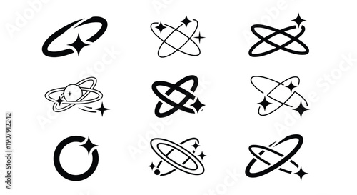 Vector astronomy icons, orbit and starburst symbols, for website or presentation, isolated on transparent background, png