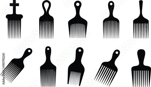 Afro pick silhouette vector set, hair comb illustration, cultural heritage artwork, textured hair styling graphic, traditional grooming design, identity symbol collection