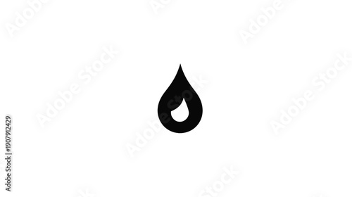 A black teardrop shape graphic with a white inner shape, set against a stark white background