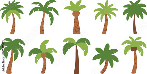 Cartoon palm tree vector set, tropical island illustration, stylized beach artwork, exotic nature graphics, summer vacation design, creative botanical collection