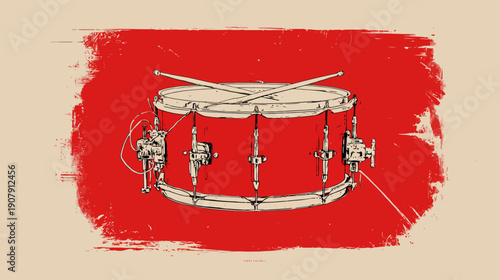 A musical instrument, red with an off-white background, featuring drum and drum sticks
