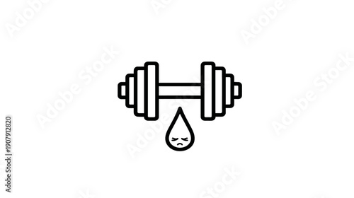 A black and white line drawing of a dumbbell with a sad-faced water droplet beneath it