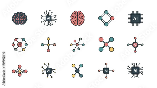 Artificial Intelligence Technology Icons Set Brain Chip Network.