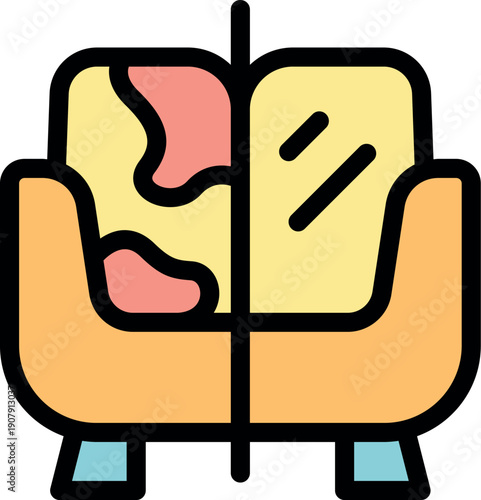 Psychology couch dividing brain hemispheres representing mental processes, psychoanalysis, and exploration of subconscious mind
