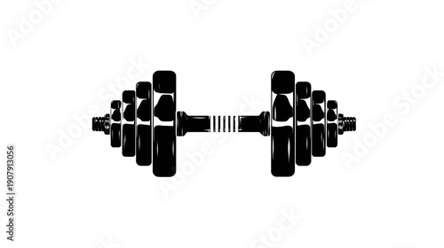 A black and white illustration of a dumbbell with weights on either side