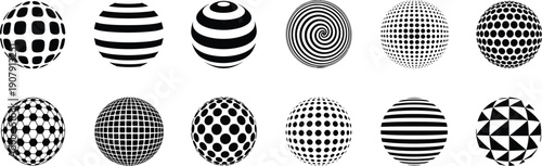Optical illusion sphere vector set, geometric pattern designs, abstract 3D ball artwork, visual perception graphics, creative depth distortion illustration collection
