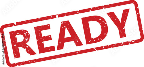 Prominent red READY rubber stamp with a grunge texture on an isolated clear white background