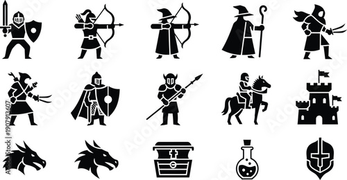 Medieval knights in various battle ready poses. 
