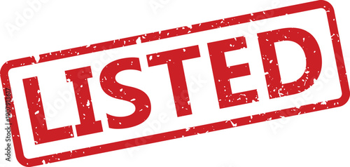 Prominent red rubber stamp with the word LISTED clearly visible against a crisp, clean white backdrop