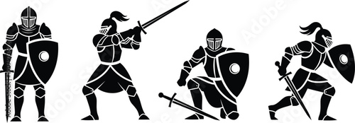 Medieval knights in various battle ready poses. 