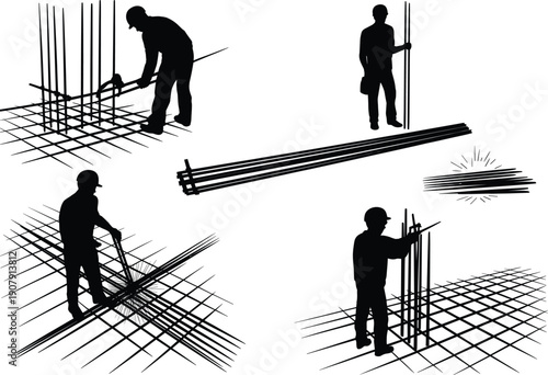 Black silhouettes of construction workers installing steel reinforcement bars for concrete foundation on building site isolated on white background vector