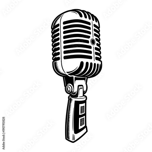 Vintage Microphone Illustration: A classic, detailed illustration of an vintage microphone, showcasing its timeless design, perfect for broadcasting, podcasting or music.