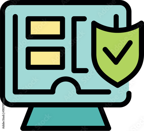 Computer system displaying a checked shield, symbolizing data protection and security measures