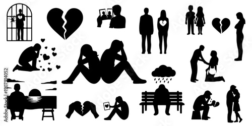 Huge silhouettes set of heartbreak, loneliness, divorce, and relationship problems featuring sad people, broken hearts, and emotional pain isolated