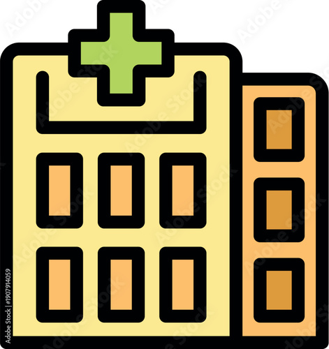 Hospital building with green cross, symbolizing healthcare and medical services