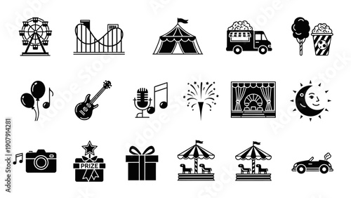 Collection of amusement park and entertainment icons.