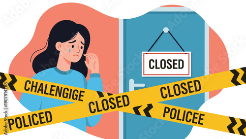 Upset woman crying in front of a locked building entrance blocked by yellow police line caution tape due to an emergency.