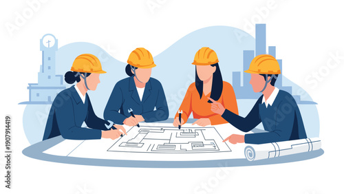 Group of professional architects and civil engineers wearing yellow safety helmets while discussing construction blueprints.