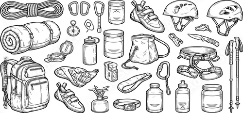 Detailed black and white illustration of essential rock climbing and hiking gear including rope, carabiners, shoes, helmets, backpack, harness, compass, and camping equipment
