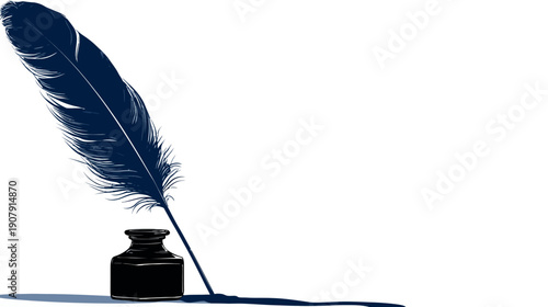 Stylized image of a quill pen, inkwell, and ink spread on a blank white canvas