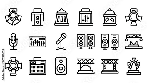 Collection of audio and lighting equipment icons for stage performance.
