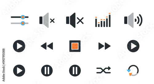 Collection of audio player interface icons and symbols.