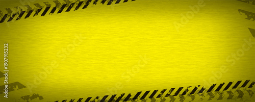 Industrial warning background with yellow and black stripes. Grunge caution tape frame on metal texture. Vector illustration.