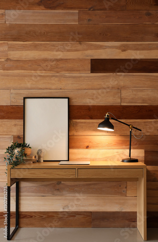 Desk with glowing lamp, mod...