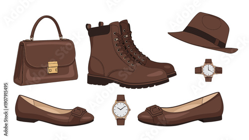 Elegant collection of brown leather fashion accessories including a classic handbag, leather boots, dress shoes, and watch.
