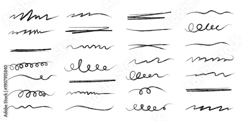 Crayon pencil straight horizontal lines. Charcoal black scribble strokes. Hand drawn grunge smears, squiggles, smears. Vector set of  hand drawn crayon underline marks and strokes with rough texture.