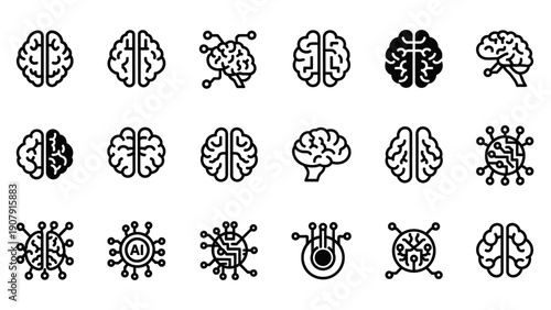 Collection of Brain Icons Representing Intelligence and Technology.
