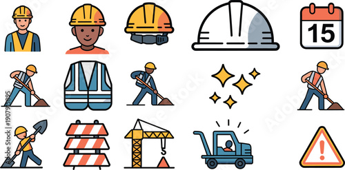 Collection of flat construction icons featuring workers in safety vests and helmets, cranes, shovels, and barriers isolated on white background