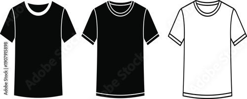 Stylized black and white t‑shirt illustration set showing fashion design variations with collars, outlines, and minimal graphic style for clothing, retail, and apparel concepts