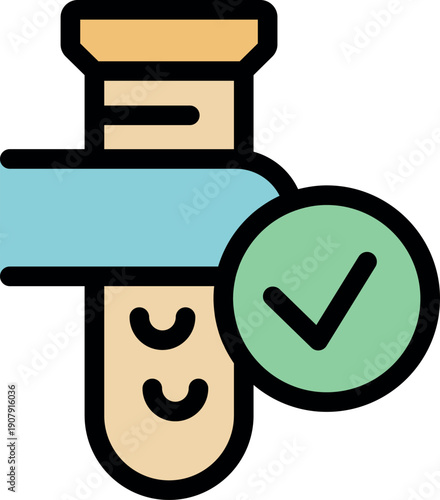 Laboratory test tube passing quality control with a green tick symbol, ensuring accurate and reliable medical testing