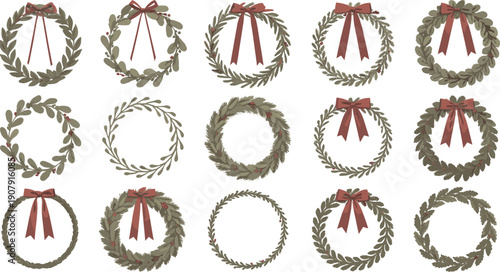 Collection of fifteen hand drawn Christmas wreaths with red ribbons and berries isolated on white background for holiday greeting cards