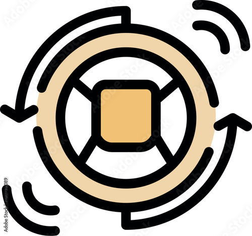 Semiconductor chip rotating, surrounded by circular arrows and signal waves, representing efficient data processing and technological advancement