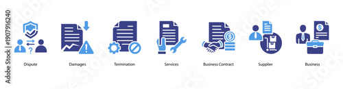 Contract Dispute web banner featuring Dispute, Damages, Termination, Services, Business Contract, Supplier, and Business for resolving conflicts in commercial relationships.