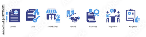 Business Agreement web banner featuring Contract, Lease, Small Business, Venture, Guarantee, Negotiation, and Acceptable for establishing strong commercial and entrepreneurial terms.